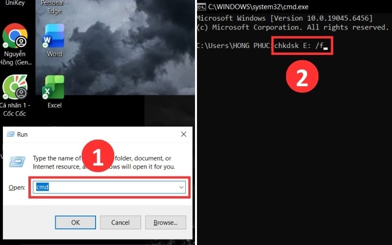 Nhập lệnh&nbsp;chkdsk [ký tự ổ]: /f trong Command Prompt
