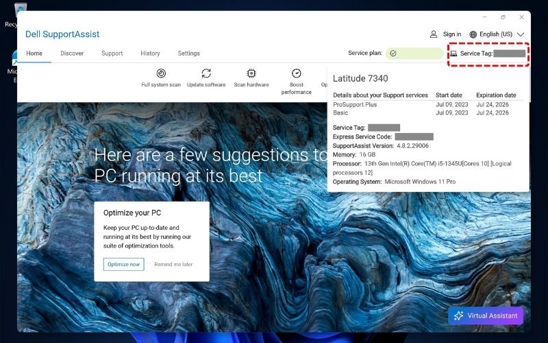 Sử dụng phần mềm Dell SupportAssist để tìm Service Tag