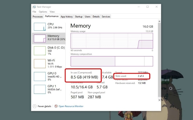 Sử dụng công cụ Task Manager để kiểm tra dung lượng RAM