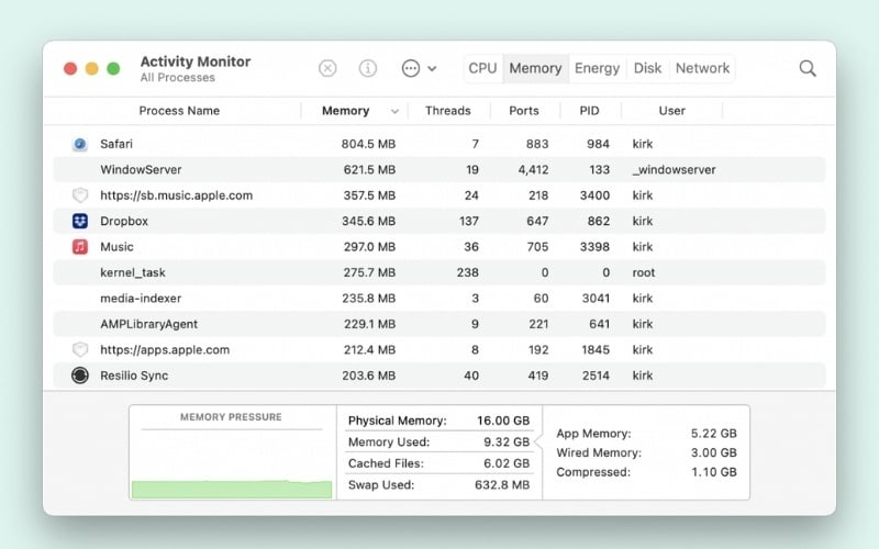 Kiểm tra RAM còn trống trên macOS trong Activity Monitor