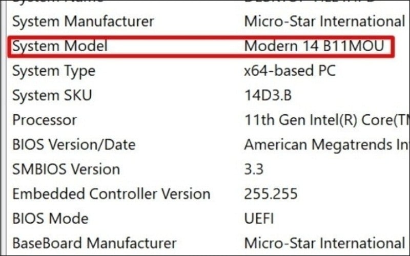 Tại cửa sổ hiện ra, tìm mục System Model để biết chính xác tên model laptop