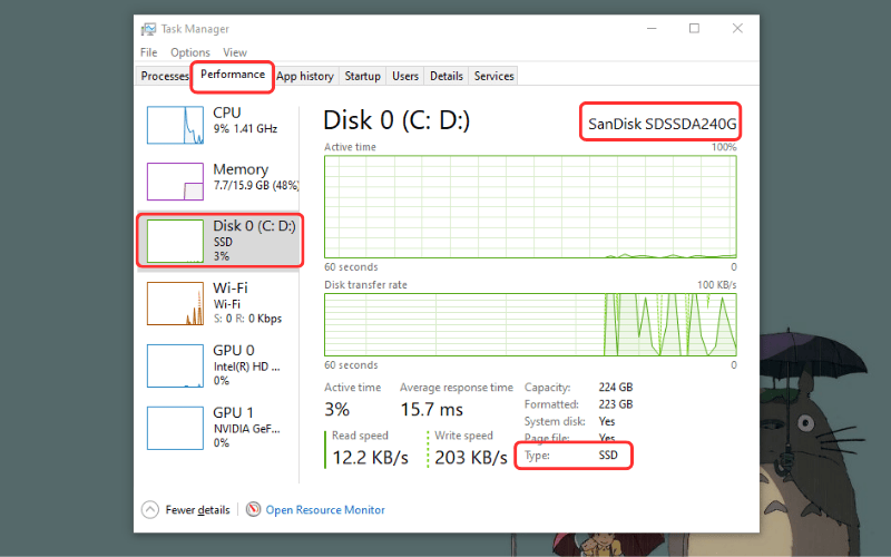 Sử dụng Task Manager để kiểm tra ổ cứng là SSD hay HDD
