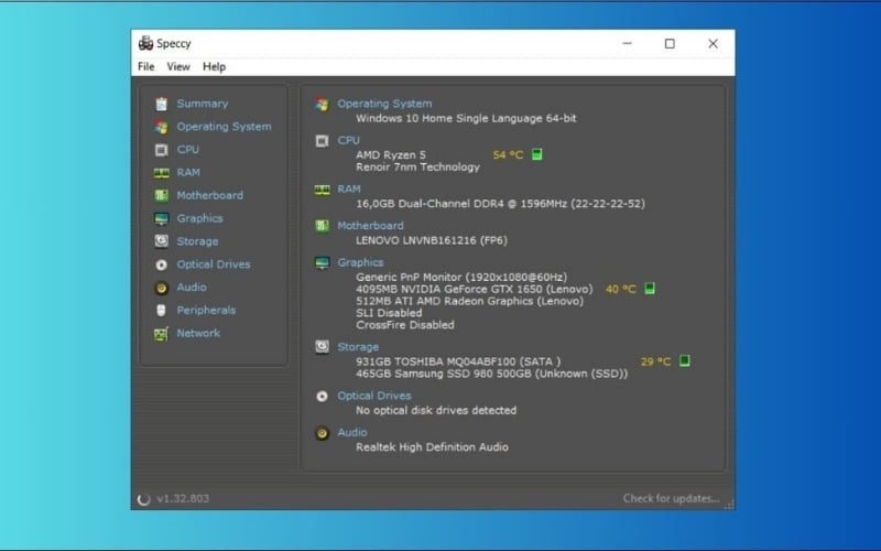 Speccy hỗ trợ xem tổng quan toàn bộ linh kiện máy tính từ CPU, RAM đến ổ cứng