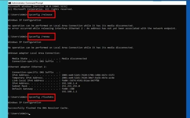 Nhập lần lượt&nbsp;các&nbsp;lệnh ipconfig /release,&nbsp;ipconfig /renew và&nbsp;ipconfig /flushdns