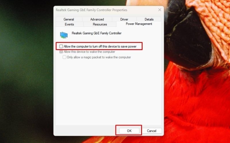 Bỏ tích ô Allow the computer to turn off this device to save power và nhấn OK