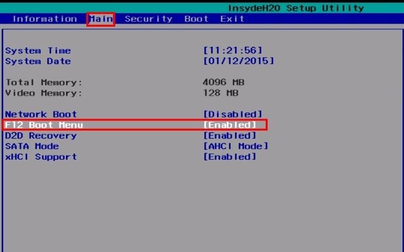 Chuyển trạng thái&nbsp;Enabled tại&nbsp;dòng F12 Boot Menu