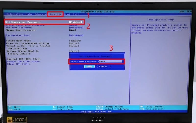 Đặt mật khẩu đơn giản tại mục&nbsp;Set Supervisor Password trong tab Security