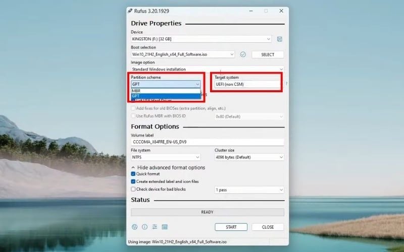 Chọn UEFI (non CSM) tại mục&nbsp;Target system và&nbsp;GPT tại mục&nbsp;Partition scheme