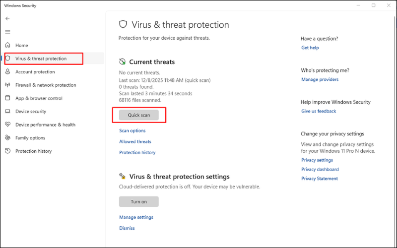 Quét virus bằng&nbsp;công cụ Windows Security