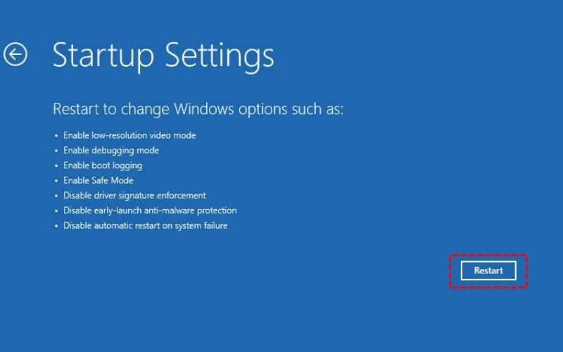Trong mục Startup Settings chọn&nbsp;Restart