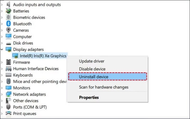 Nhấn chuột phải vào card đồ họa&nbsp;và chọn&nbsp;Uninstall device