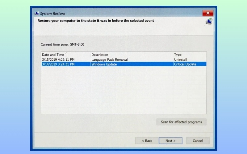 Chọn một điểm khôi phục được tạo trước thời điểm xảy ra lỗi và bắt đầu quá trình