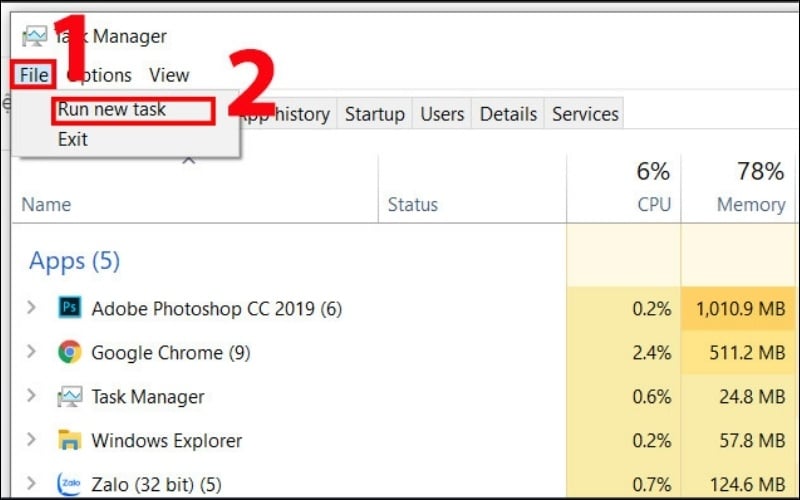 Chọn&nbsp;File&nbsp;ở góc trên bên trái, sau đó chọn&nbsp;Run new task