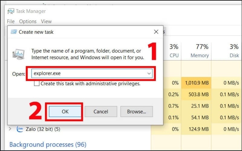 Trong hộp thoại hiện ra, bạn gõ&nbsp;explorer.exe&nbsp;rồi nhấn&nbsp;OK