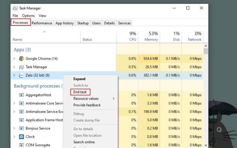 Nhấp chuột phải vào ứng dụng đáng ngờ và chọn End task