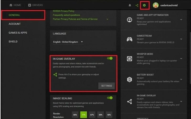 Trong tab General, tìm đến mục IN-GAME OVERLAY và tắt đi