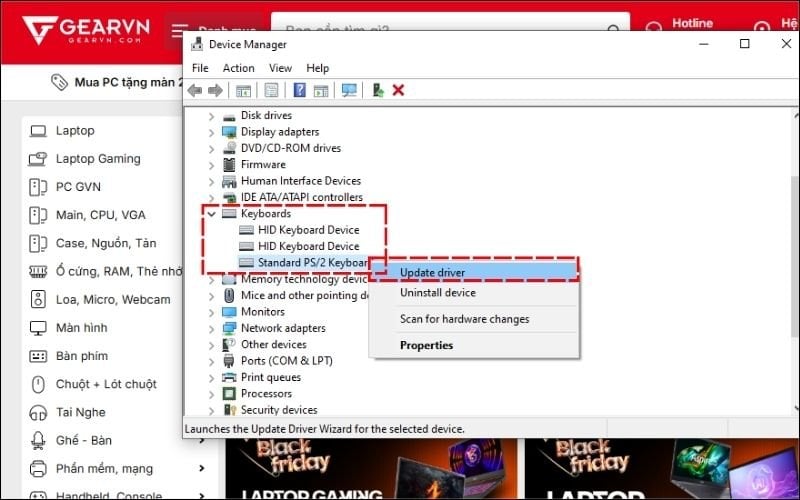Mở rộng mục Keyboards, nhấp chuột phải và chọn Update driver
