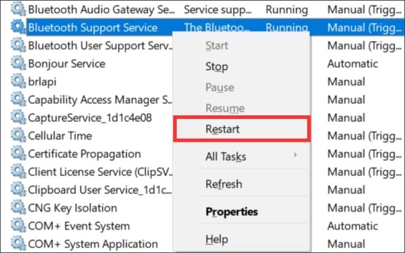 Khởi động lại bluetooth support service