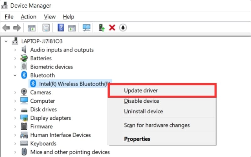 Cập nhật hoặc cài đặt lại driver bluetooth
