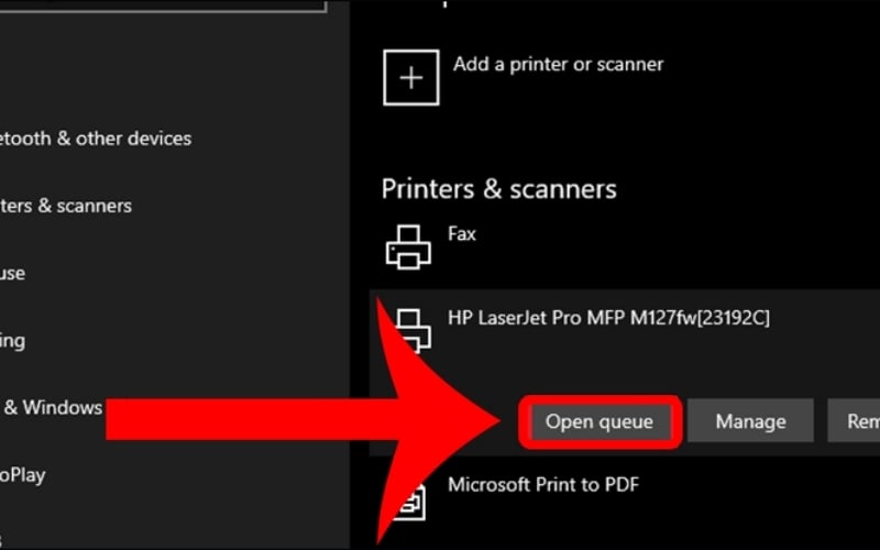 Chọn Open queue trong menu Printers & Scanners