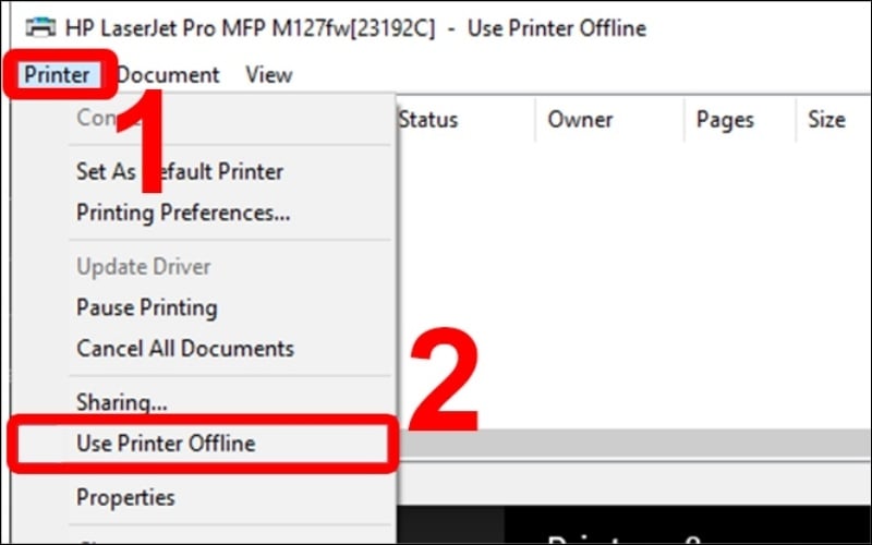 Bỏ chọn Use Printer Offline trong menu Printer