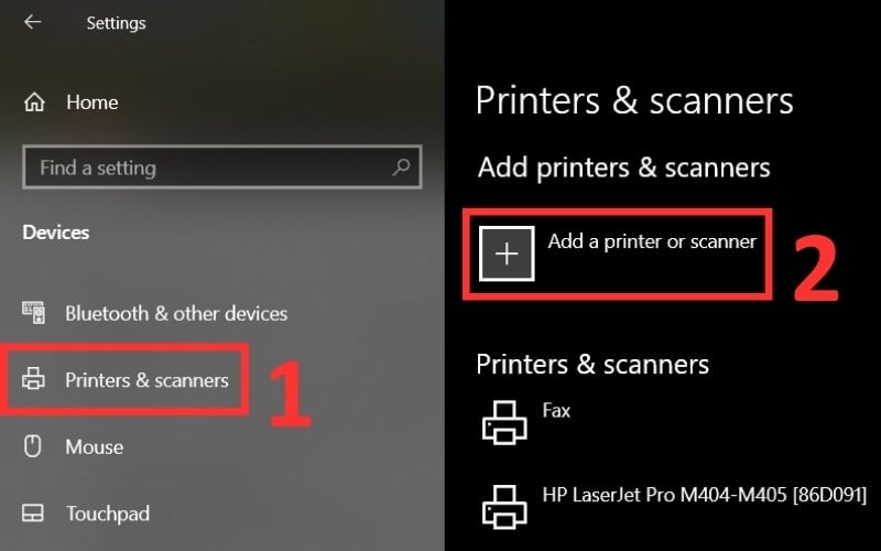 Chọn Add a printer or scanner trong meu Printers & Scanners