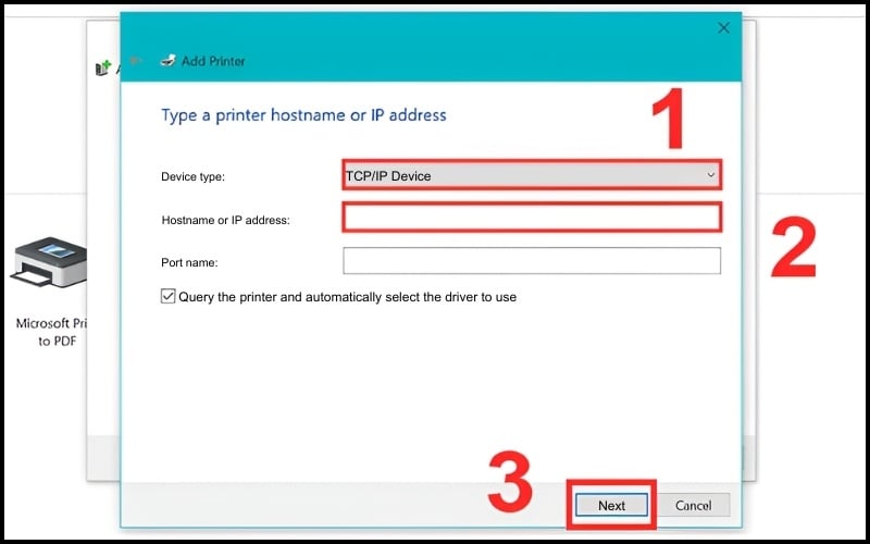 Nhấp Next sau khi chọn Device type là TCP/IP Device và&nbsp;nhập IP máy in