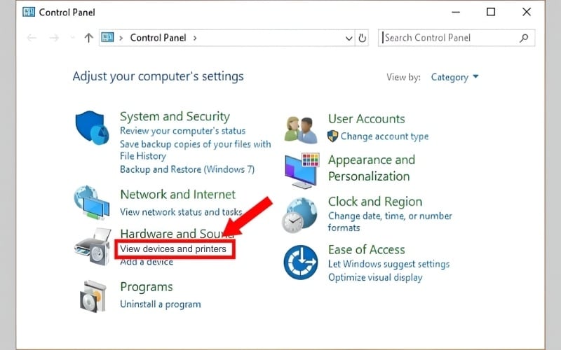 Mở View devices and printers trong Control Panel