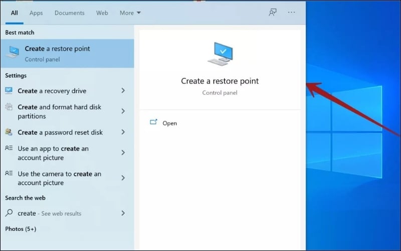 Mở Start Menu, gõ&nbsp;Create a restore point&nbsp;và chọn từ kết quả tìm kiếm