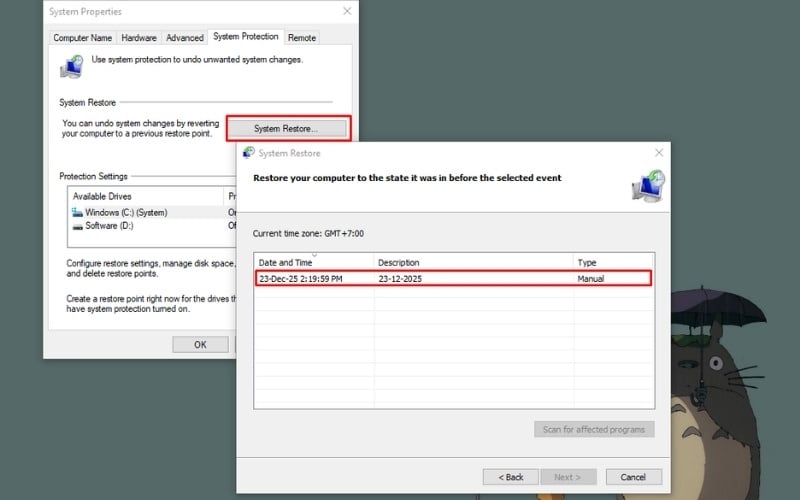 Trong cửa sổ System Properties, chọn System Restore