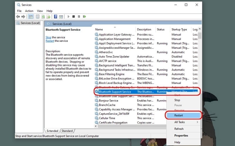 Chuột phải vào dịch vụ Bluetooth Support Service và chọn Restart