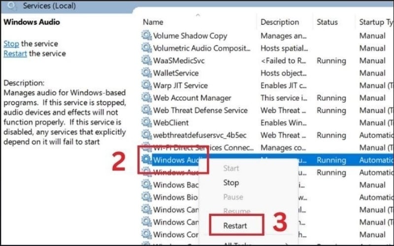 Lần lượt nhấn chuột phải vào từng dịch vụ và chọn Restart