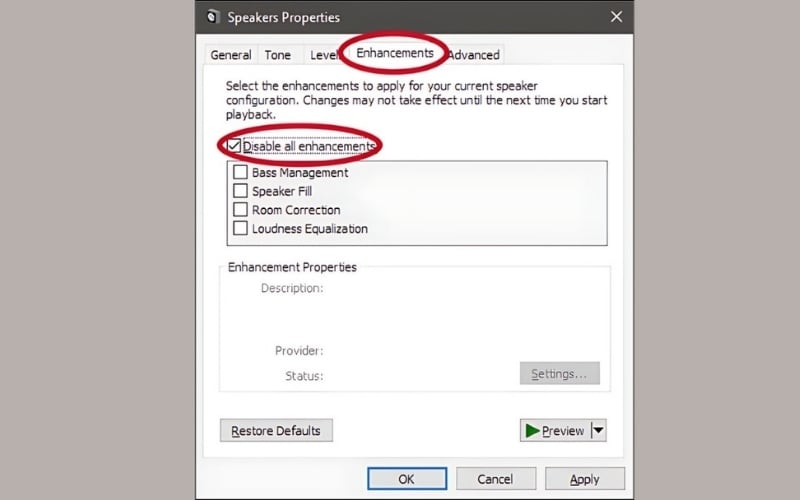 Chuyển sang tab Audio Enhancements, chọn Disable all enhancements