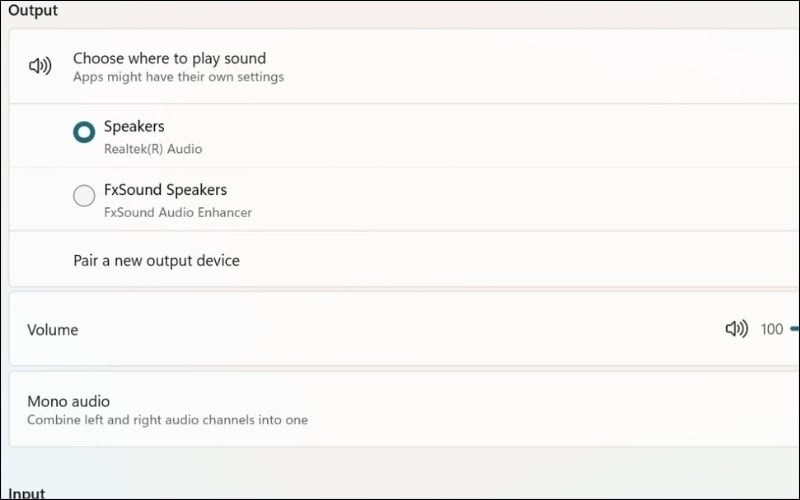Trong mục Output, tìm đến phần Choose where to play sound