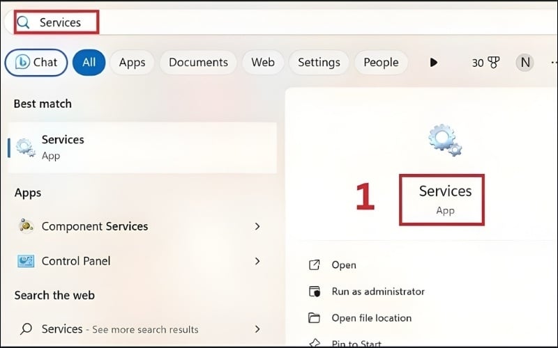 Tìm kiếm và chọn Services từ thanh search trên Taskbar