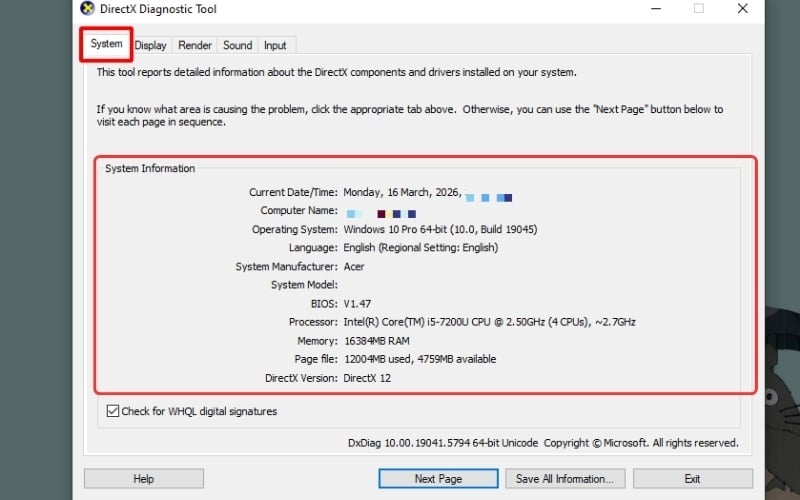 Chọn&nbsp;Tab System để xem&nbsp;Model máy, phiên bản BIOS,...