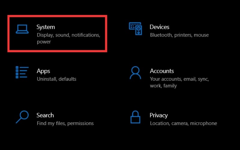Chọn System trong menu Settings