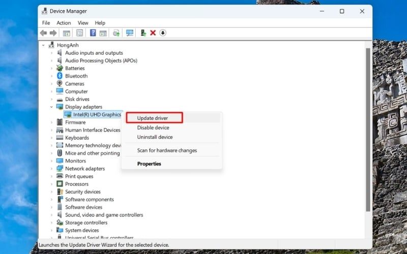 Chuột phải vào card màn hình và chọn Update driver