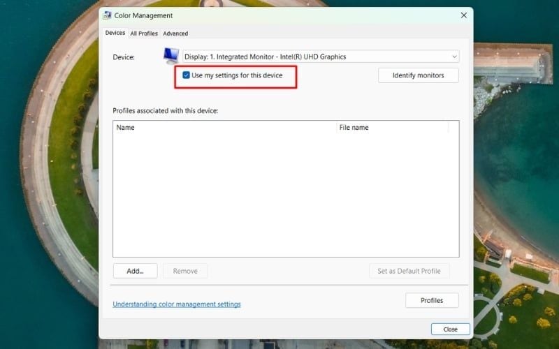 Tích chọn Use my settings for this device