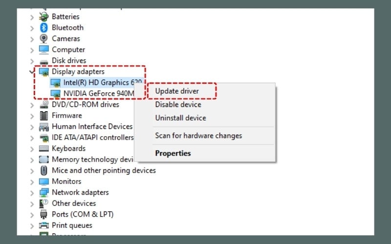 Nhấn chuột phải vào card đồ họa và chọn Update driver