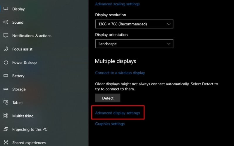 Kéo xuống dưới và chọn Advanced display settings