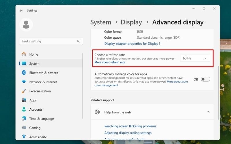 Hạ tần số quét tại mục&nbsp;Choose a refresh rate