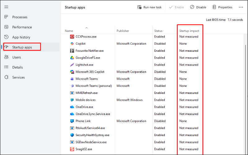 Kiểm tra mức độ ảnh hưởng của các ứng dụng tại cột Startup impact