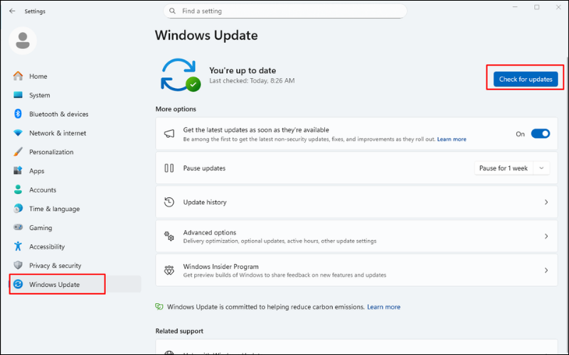 Chọn Check for updates để cập nhật Windows
