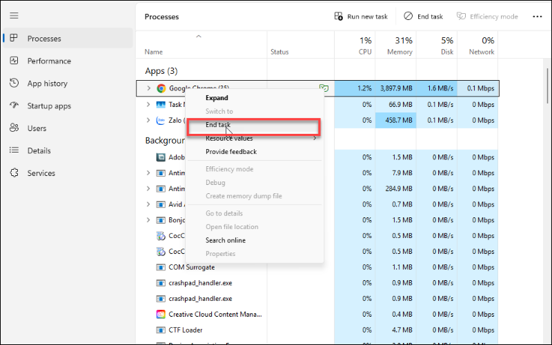 Nhấp chuột phải vào ứng dụng bạn muốn tắt và nhấn vào chọn End task