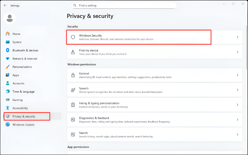 Chọn Windows Security