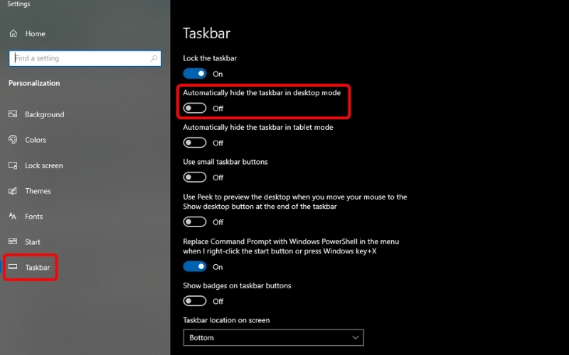 Bật tính năng Automatically hide the taskbar in desktop mode