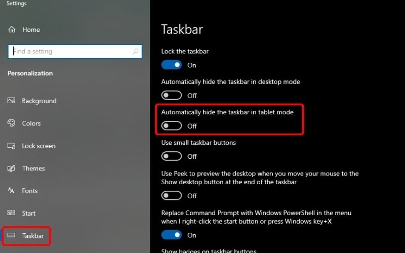 Kích hoạt tùy chọn Automatically hide the taskbar in tablet mode