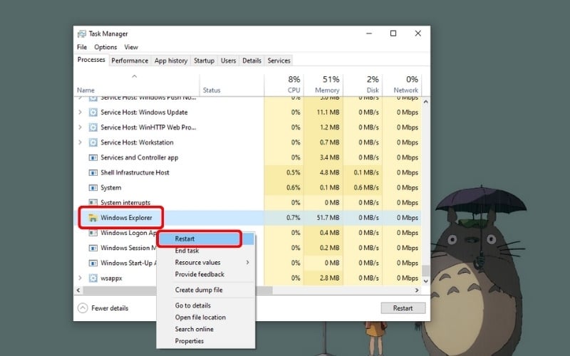 Khởi động lại tiến trình Windows Explorer