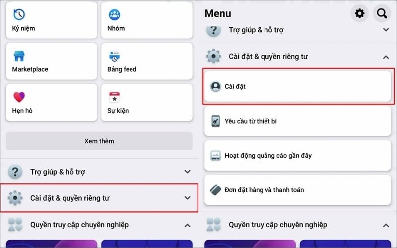 chọn Cài đặt & quyền riêng tư, sau đó chọn Cài đặt